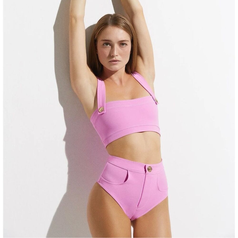 OYE Swimwear Women’s Lavinia Pink Bandeau Bikini Gold Button Detail
